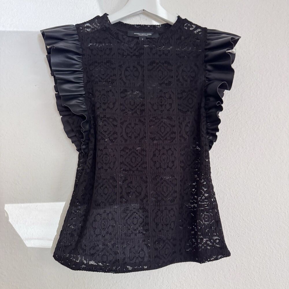 NWT Marc NY Black Lace Top Women Sz S Stretch Faux Leather Ruffle Whimsygoth - Picture 12 of 12